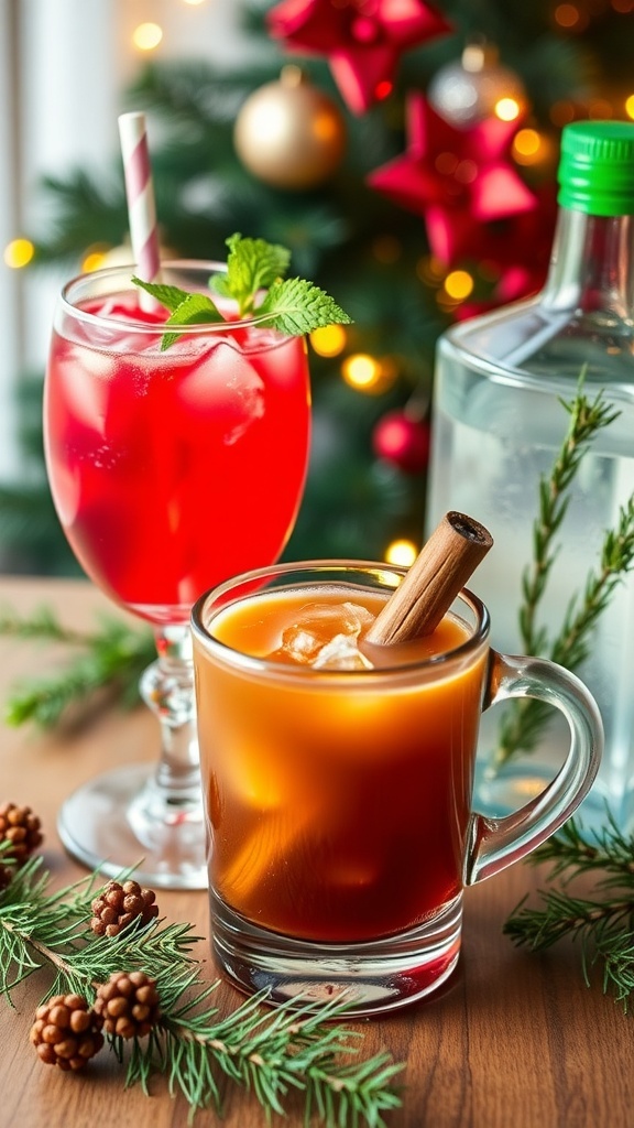 A collection of low sugar Christmas cocktails: cranberry spritzer, spiced apple cider, and gin and tonic with festive garnishes.